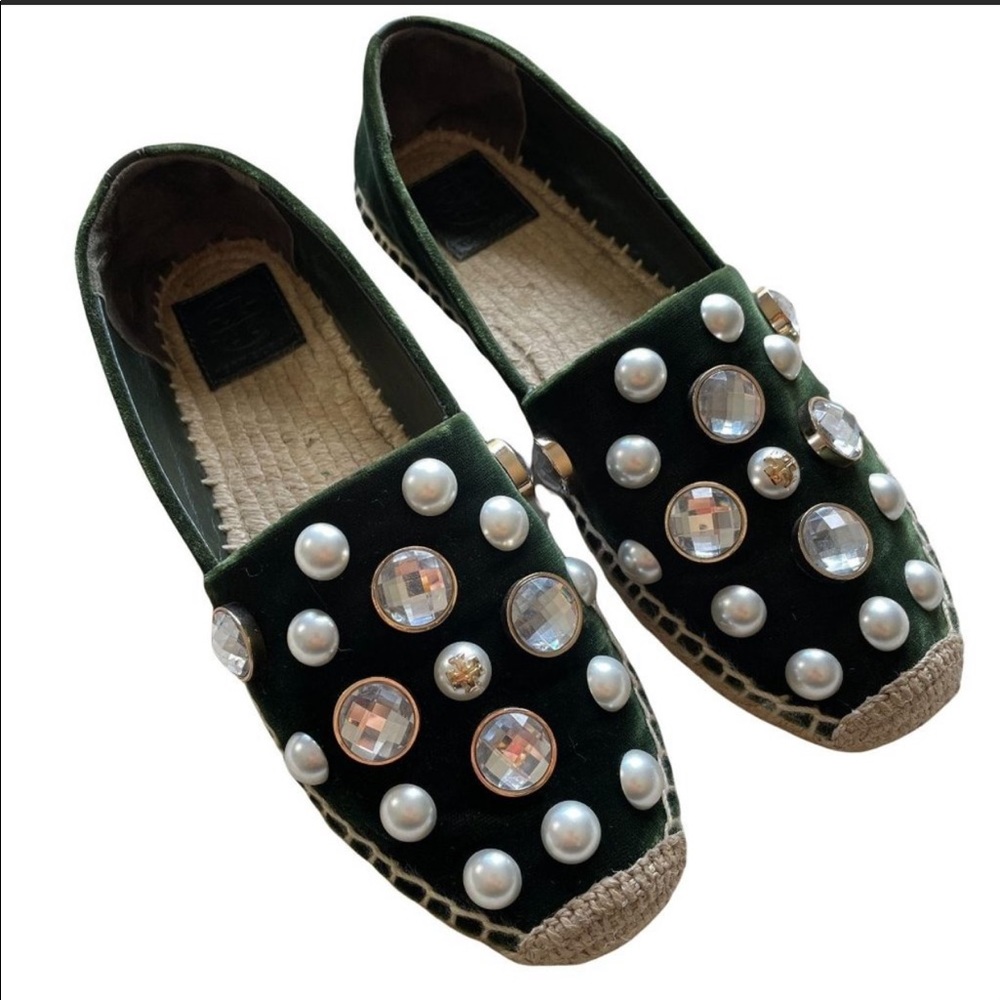 Tory Burch Vail Pearl Rhinestone Green Velvet Espadrille Slip On Flats Sz 8.5